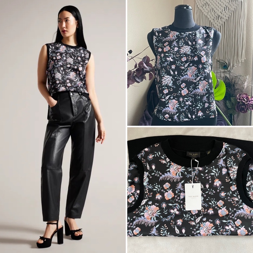 Ted Baker V-Neck Top Ellein Floral Satin Sleeveless Jumper Womens Size 1